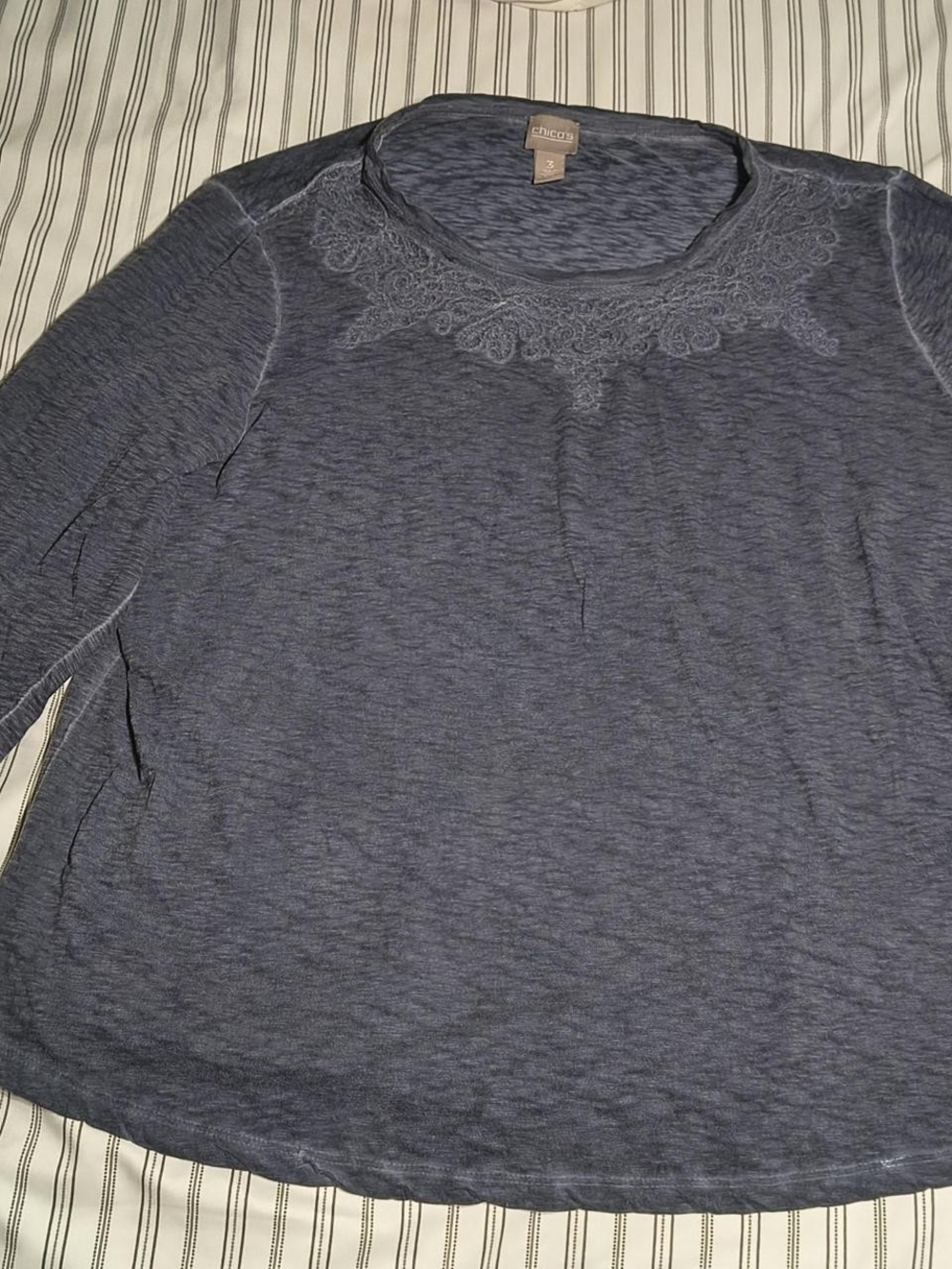 Chico's Navy Blue Long-Sleeve Embroidered Scoop Neck Top